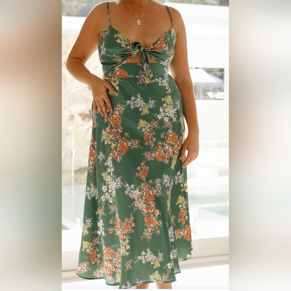 Satin Floral Split Chest Knot Cut Out Midi Dress- Large**New - Picture 9 of 15